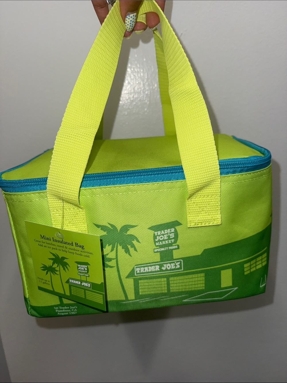 NEW !!!! Trader Joe's Lime Green Mini Insulated Bag with Teal Zipper